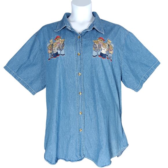 Vintage Quizz NY Woman Chambray Teddy Bears Embroidered Shirt Size 24 Blue - Picture 2 of 10